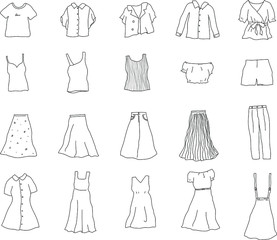 春夏服の手描きイラストのセット／かわいい