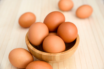 Eggs, Brown, Fresh, Isolated, Wooden Bowl, WoodenBackground.