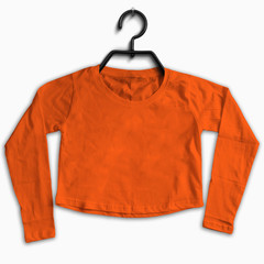 Mockup of Full Sleeve Crop Tops / Cropped t-shirt with Black Hanger and Apple cut bottom