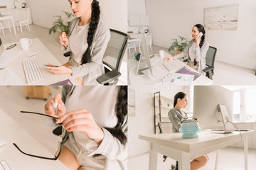 collage of young freelancer working at home near computer monitor and using sanitizer