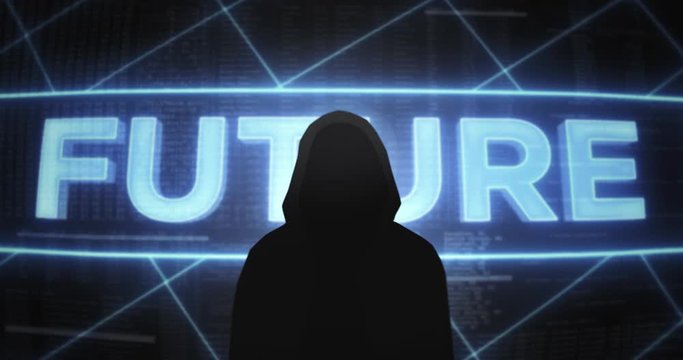 Dark silhouette of hooded hacker in front of a glitch screen with various keywords. Future, people, code, virus symbol, digital code and countdown to zero. Hacker glitch screen animation.