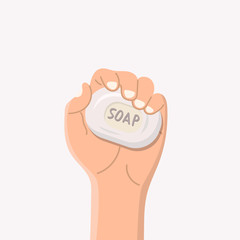 A piece of soap in a male hand a top view on a bright background vector illustration. The human hand holds soap. Wash your hands. Soap against bacteria and viruses. Compliance with hygiene and stere 