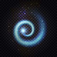 Blue magic spiral swirl. Glowing wave with light effect and stardust glittering sparkles on transparent background.  Night space galaxy. Vector illustration