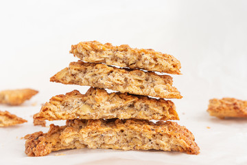 Homemade fresh appetizing oatmeal cookies close-up. The concept of healthy breakfast, homemade food. Light background.