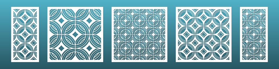 Laser cut panels with modern geometric pattern. Templates for cnc plasma cutting. Can be used in interior design as room screen  Metal or wood carving, fretwork. Vector illustration