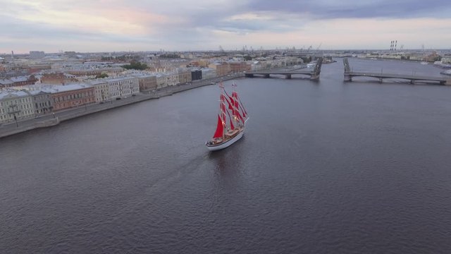 Fantastic Alye Parusa - Scarlet Sails ship run through in St. Petersburg: aerial view Neva River