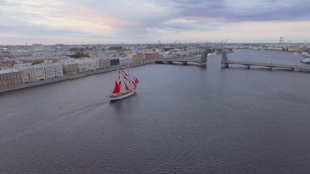 Fantastic Alye Parusa - Scarlet Sails ship run through in St. Petersburg: aerial view Neva River