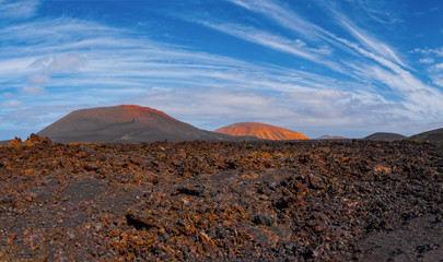 Amazing volcanic landscape of Lanzarote island, Timanfaya national park, Spain. October 2019