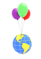 The Earth planet flies on three balloons with American continents turned on foreground. Isolated on white background. 3D illustration