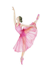 Watercolor illustration. Figure of a ballerina dancing in a pink dress and pointe shoes. © Dasha