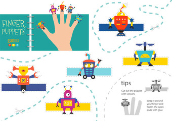 Vector robotics as finger puppets. Cut and glue activity for preschool kids