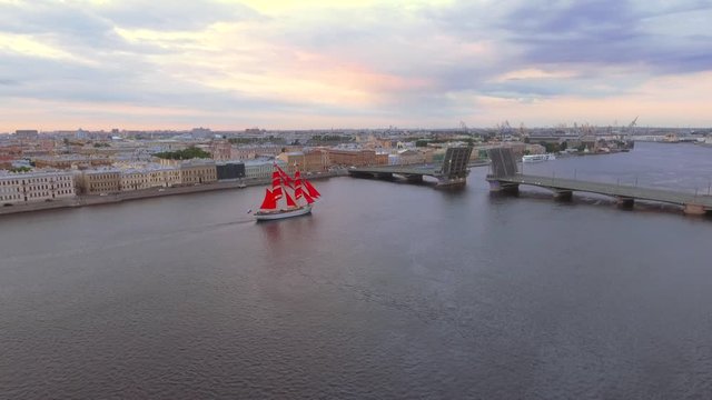 Fantastic Alye Parusa - Scarlet Sails ship run through in St. Petersburg: aerial view Neva River