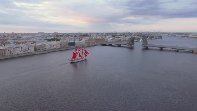 Fantastic Alye Parusa - Scarlet Sails ship run through in St. Petersburg: aerial view Neva River