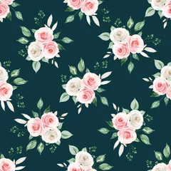 Fototapeten Seamless pattern with watercolor flowers pink roses, repeat floral texture, vintage background hand drawing. Perfectly for wrapping paper, wallpaper, fabric and other printing.  © Larisa