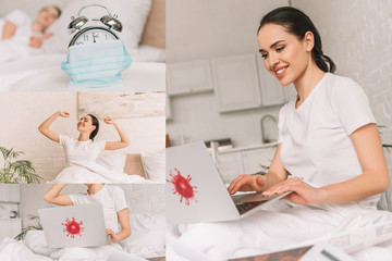 collage of young freelancer sleeping near alarm clock with medical mask, awakening and working in bed on laptop with coronavirus bacteria sticker