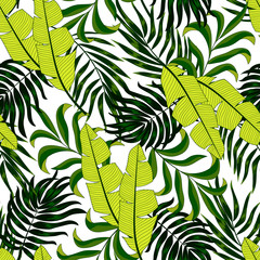 Abstract seamless tropical pattern with bright plants and leaves on a delicate background. Beautiful print with hand drawn exotic plants. Tropic leaves in bright colors.