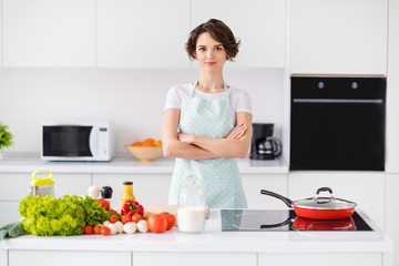 Photo of beautiful attractive housewife weekend saturday morning cooking tasty dinner good mood arms crossed wear culinary apron t-shirt stand modern utensils kitchen indoors