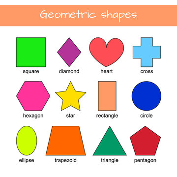 Learn geometric shapes. Educational material for preschool kids. Square, heart, triangle, hexagon, circle, star, trapezoid, diamond, cross, rectangle, ellipse, pentagon