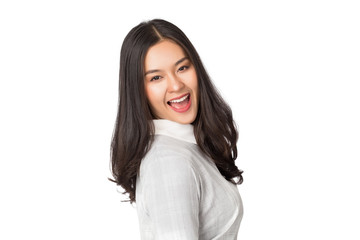 Fototapeta premium Young beauty healthy happy Asian woman with smiley face isolated on white.