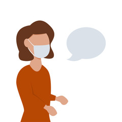 Woman in protective medical mask speaks vector illustration on flat design