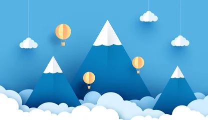 Fotobehang 3D paper art and craft of balloon white floating on sky, Balloon with travel. landscape snowy mountain.vector illustartion © Vitaliy