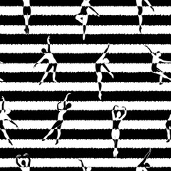 Vector Ballet Dancers in Black and White on Stripes Seamless Repeat Pattern. Background for textiles, cards, manufacturing, wallpapers, print, gift wrap and scrapbooking. © Julia