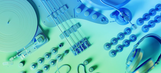 Minimal abstract composition for music studio. Mix of musical instruments. Wired headphones with vinyl record player, turntable and guitar. 3d rendering illustration.