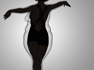 Conceptual fat overweight obese female vs slim fit healthy body after weight loss or diet with muscles thin young woman on gray. A fitness, nutrition or fatness obesity, health shape 3D illustration