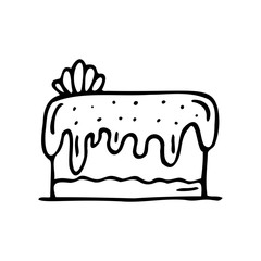 Hand drawn cake on a white isolated background. Doodle, simple outline illustration. It can be used for decoration of textile, paper and other surfaces.