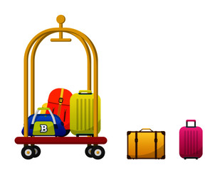 Hotel luggage cart vector with colorful baggage, backpack, bag, briefcase, Luggage trolley