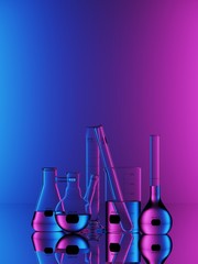 Minimal composition for medical and scientific concept. Set of laboratory glassware on blue and magenta neon light background. 3d rendering illustration.