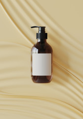 Naklejka premium Minimal background for soft and smooth concept. Cosmetic bottle on cream ripple surface background. 3d rendering illustration.