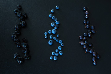 Mix set layout of different types of black berries on a black table. Stylish seasonal vitamins