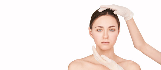 Beauty girl cosmetology test. Doctor gloves. Cosmetology clinic treatment. Woman face therapy....