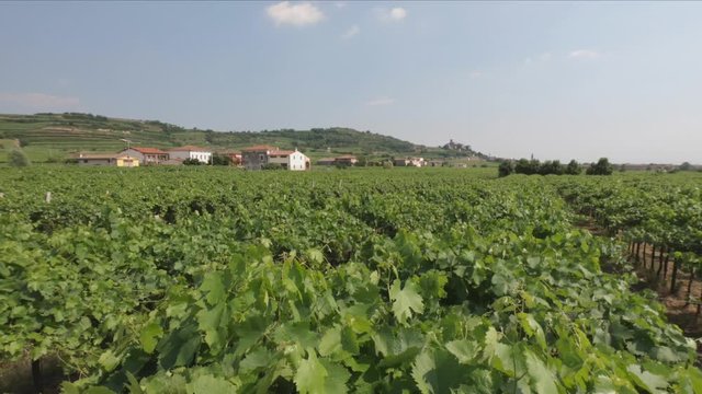 SLOW MOTION - View of the Sanctuary of Santa Maria della Bassanella and Soave Castle, Italy. Soave is surrounded by vineyards that produce one of the most appreciated Italian white wines.