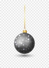 Black glitter christmas ball hanging. Christmas bauble decoration elements. Object isolated a background with transparency effect.