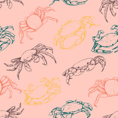 Vintage hand drawn vector seamless pattern. Abstract background of beautiful crabs. Graphic sketches of crustacean animals. Bright surface design for wallpaper, wrap, textile, postcards, prints etc.