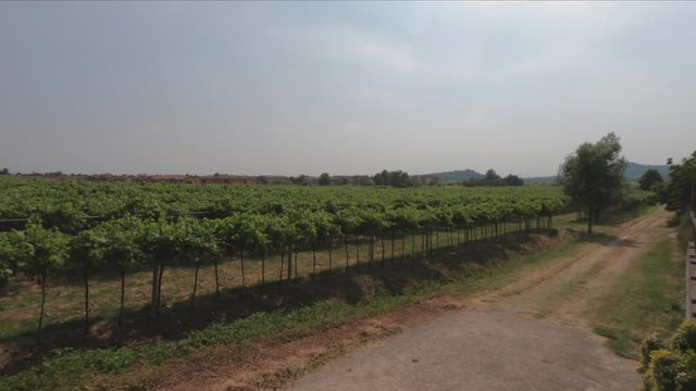 PAN SHOT SLOW MOTION - View of the Sanctuary of Santa Maria della Bassanella and Soave Castle, Italy. Soave is surrounded by vineyards that produce one of the most appreciated Italian white wines.