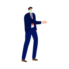 Businessman in official suit and mask greeting colleague from distance by gesture