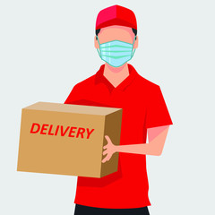Delivery man vector portrait concept with man wearing red delivery uniform, while holding a delivery package box in the white background