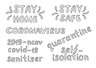 Set of contour lettering doodle handwritten black and white on theme of quarantine, self-isolation times and coronavirus prevention. Phrase for social networks, flyers, stickers, typography posters