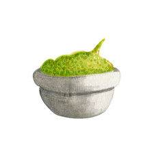 Guacamole, wasabi green sause in white ceramic bowl. Watercolor markers hand drawn illustration isolated on white background in realistic style. Concept of cuisine, salad dressing, flavoring.