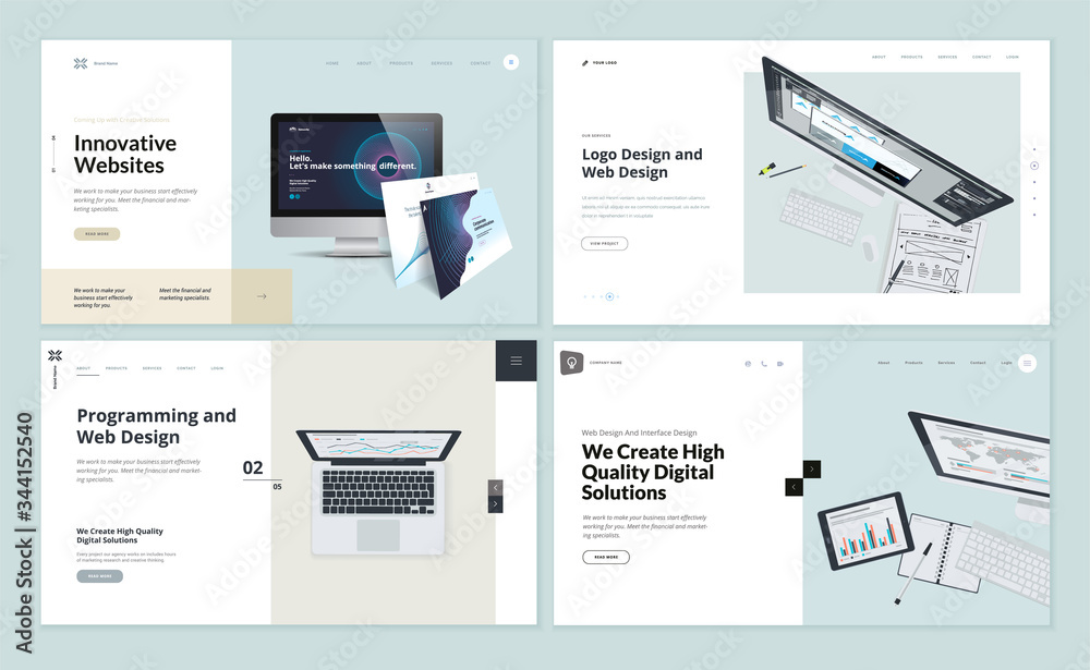 Poster set of flat design web page templates of web and logo design, programming, startup, business service