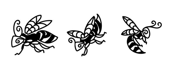 Hand drawn vector wasps. Doodle illustration of wasps in different poses.