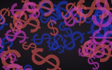 Multicolored translucent dollar signs on dark background. Red tones. 3D illustration