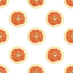 Seamless pattern of isolated slices of grapefruit. Wallpaper for background, design and packaging.