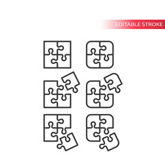 Jigsaw puzzle, four pieces assembly thin line vector icon set. Editable stroke.