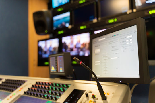 Microphones and mixers, video production equipment, multimedia creation, in TV Studio