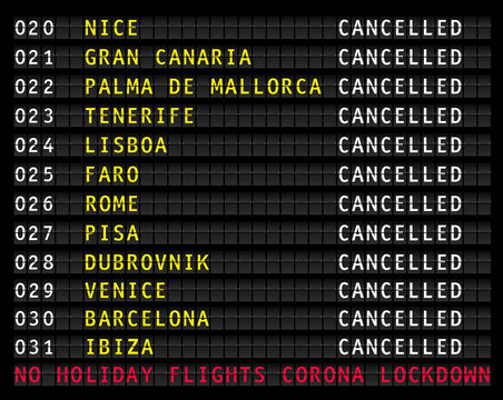 Flight information display  showing cancelled  holiday flights because of corona epidemic warning, vector