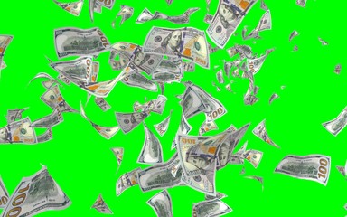 Flying dollars banknotes isolated on chromakey. Money is flying in the air. 100 US banknotes new sample. 3D illustration